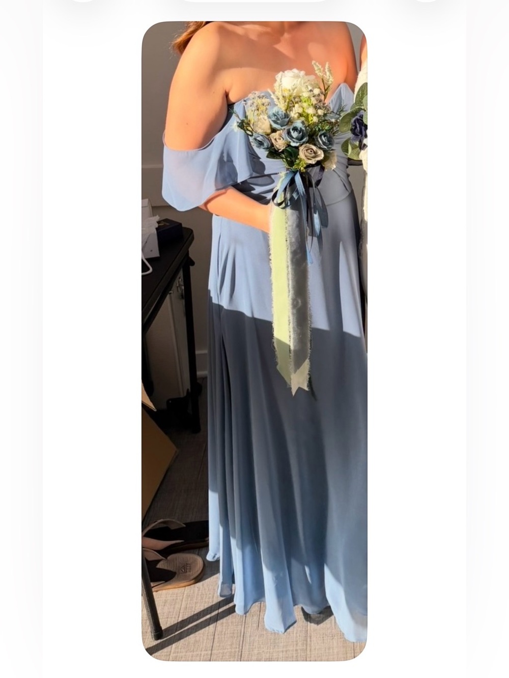 Mori Lee Dusty Blue Ruffle Strap Chiffon Maxi Dress